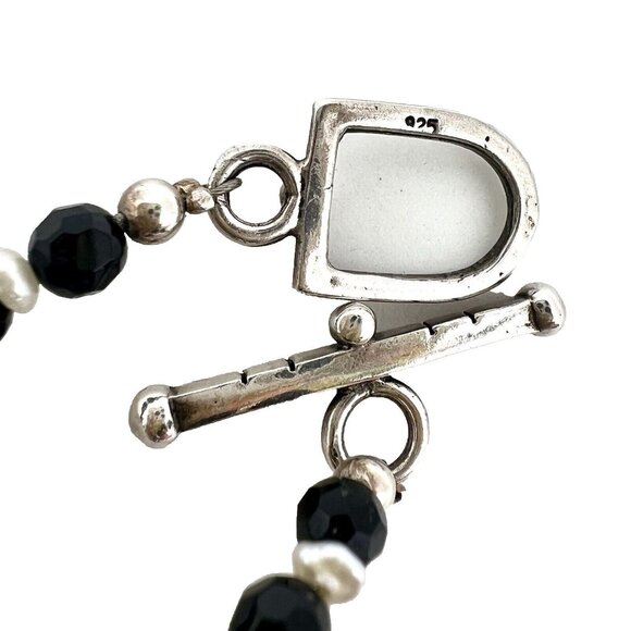 Sterling Silver Faceted Onyx Bead Necklace Oval Coin Pearls Toggle Latch 925 18" - Picture 6 of 7